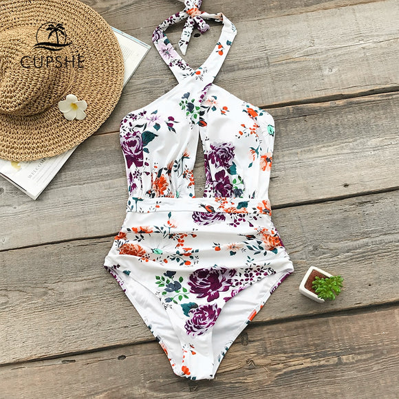 Floral Print Ruched Halter One-Piece Swimsuit
