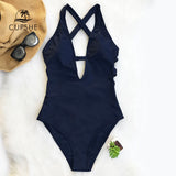 Dark Blue Cross Solid Swimsuit
