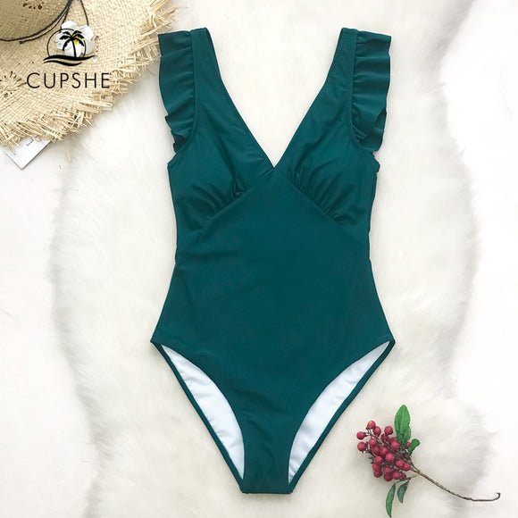 Teal Plunging Solid Swimsuit